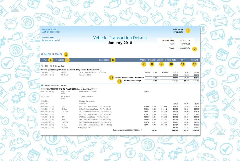 example of report vehicle transaction 